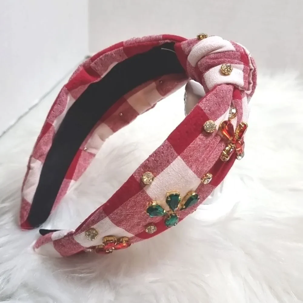 👋 RED PLAID CHRISTMAS HEADBAND rhinestones color block | Mix And Match 3/$20